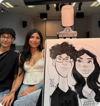 Guests with their completed caricature portrait