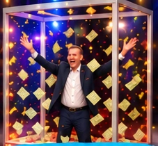 A contestant celebrating inside the cash cube