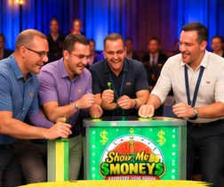 Corporate contestants having fun at the game-show podium